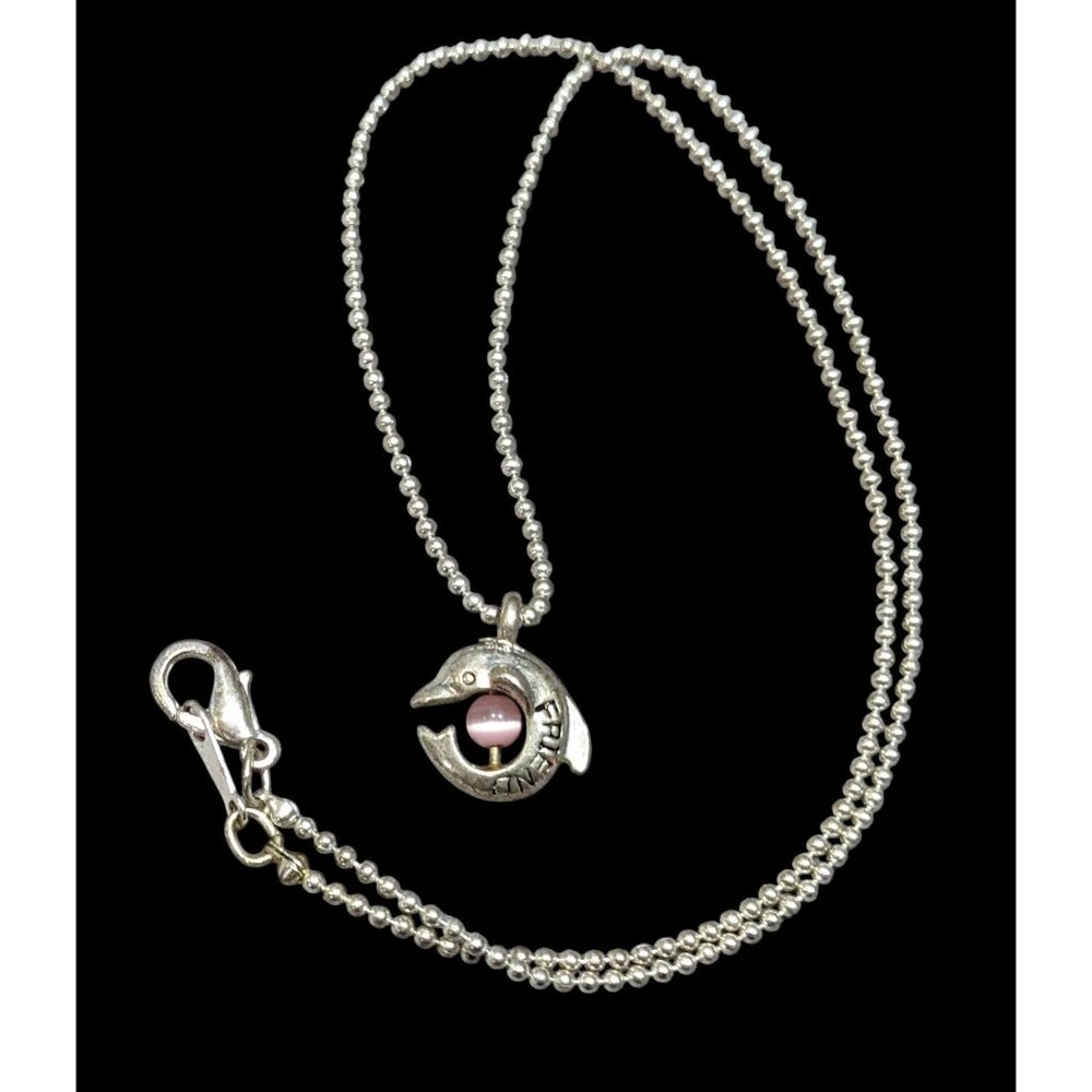 Minimalist Dolphin "Friend" Necklace Silver Tone With Pink Cat Eye Accent
